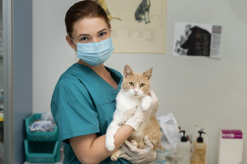 a veterinarian wearing a mask and gloves holding a cat