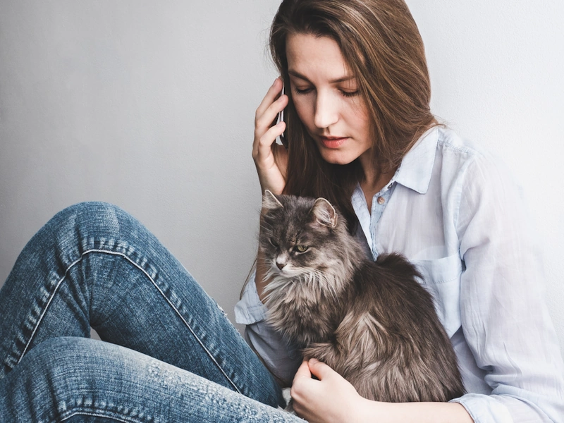 A woman with a cat on her lap holding a phone to call a vet in Aurora IL