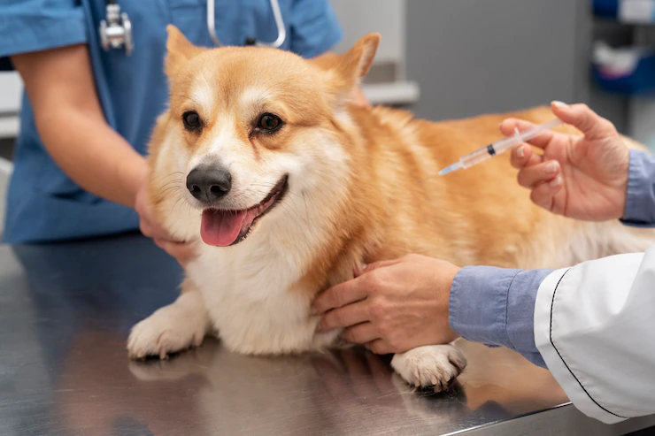 Corgi dog on a vet's exam table, held by veterinarians preparing a dog vaccine.