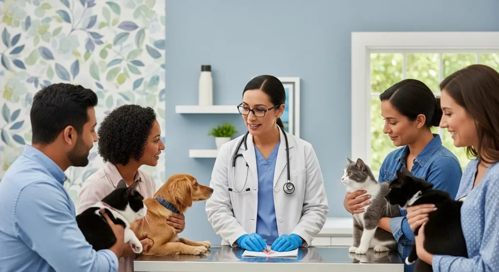 A veterinarian talks to pet owners about pet spay surgery Aurora IL