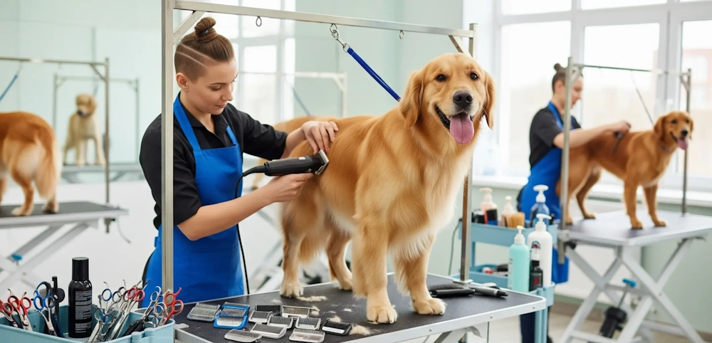 Golden retriever receiving a fur trim illustrating pet grooming care in Aurora, IL.