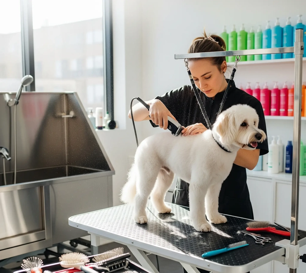 White dog receiving a professional pet grooming in Aurora, IL
