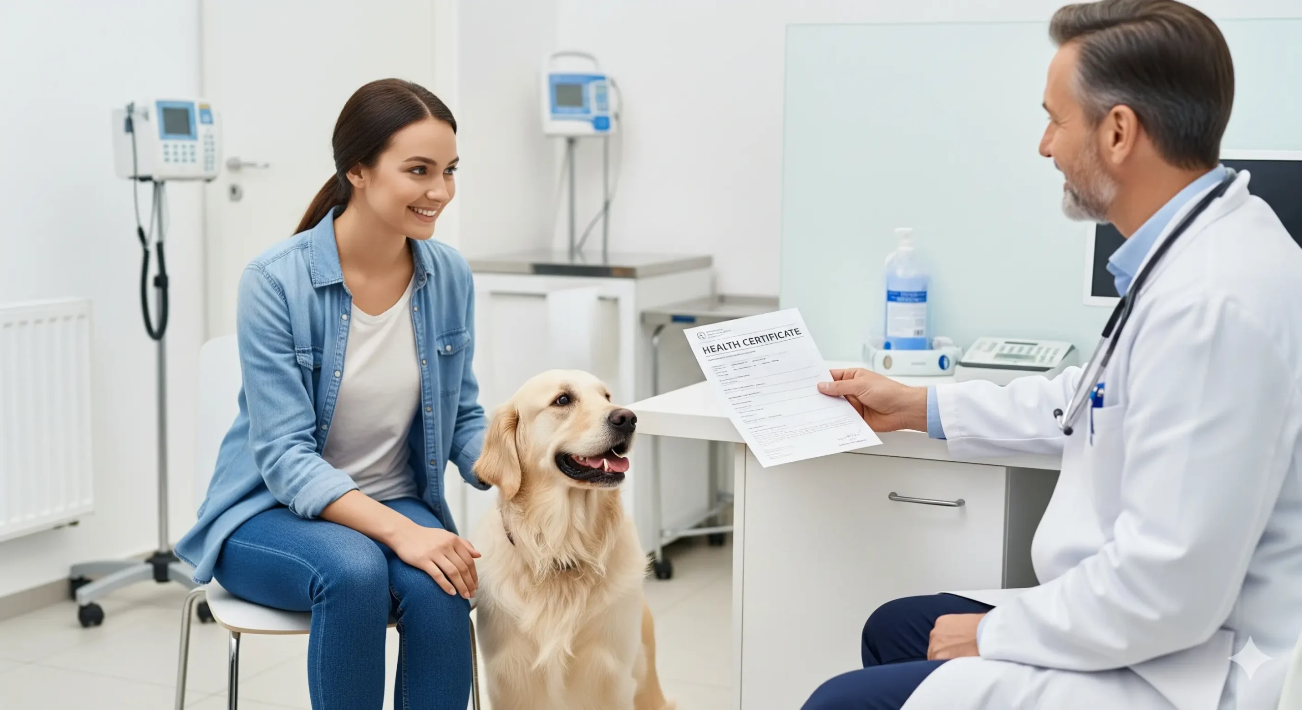 A woman with a golden retriever at a veterinary clinic, facing a veterinarian who is holding a dog health certificate for travel.
