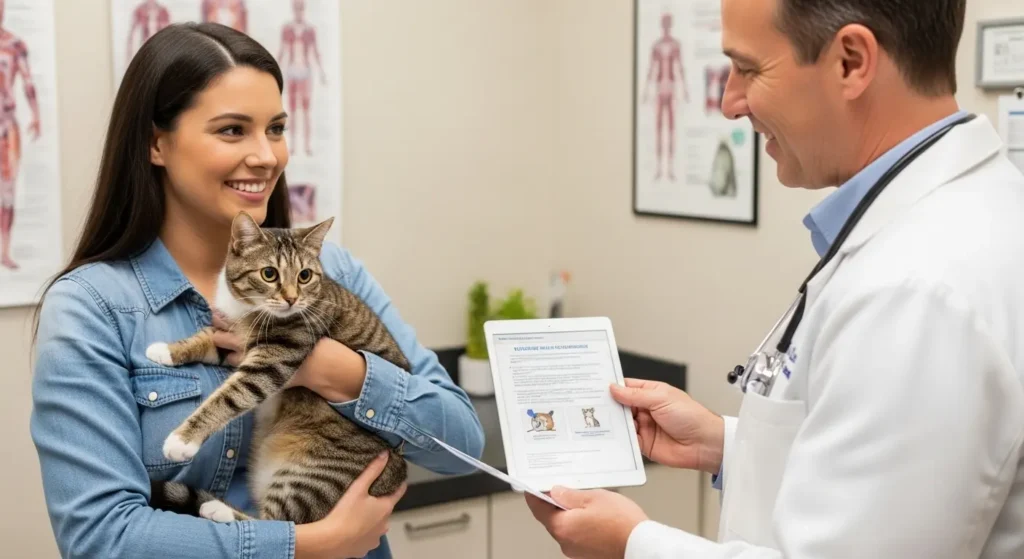 A woman with a cat talks to a veterinarian holding a tablet for Illinois Cat Vaccination Requirements
