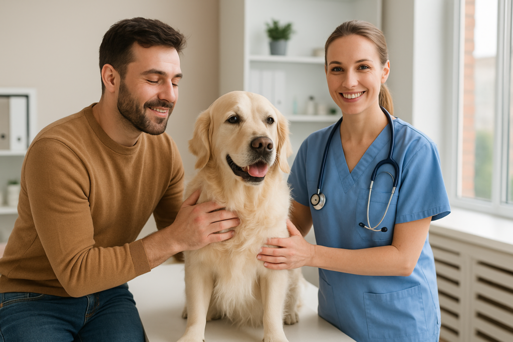 A man and a woman with a golden retriever dog in Plainfield IL vet clinic.
