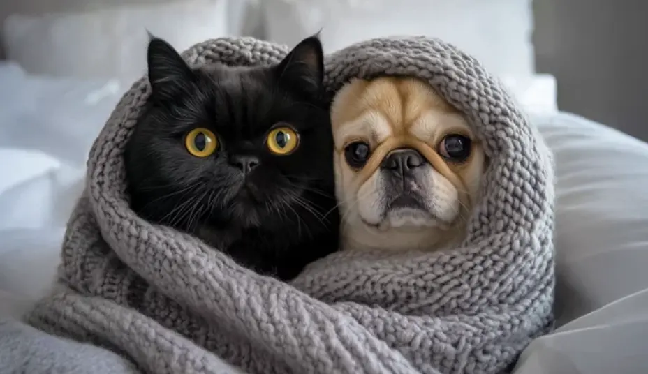 A cat and a pug at Oswego Vet Clinic wrapped in a gray knit blanket.