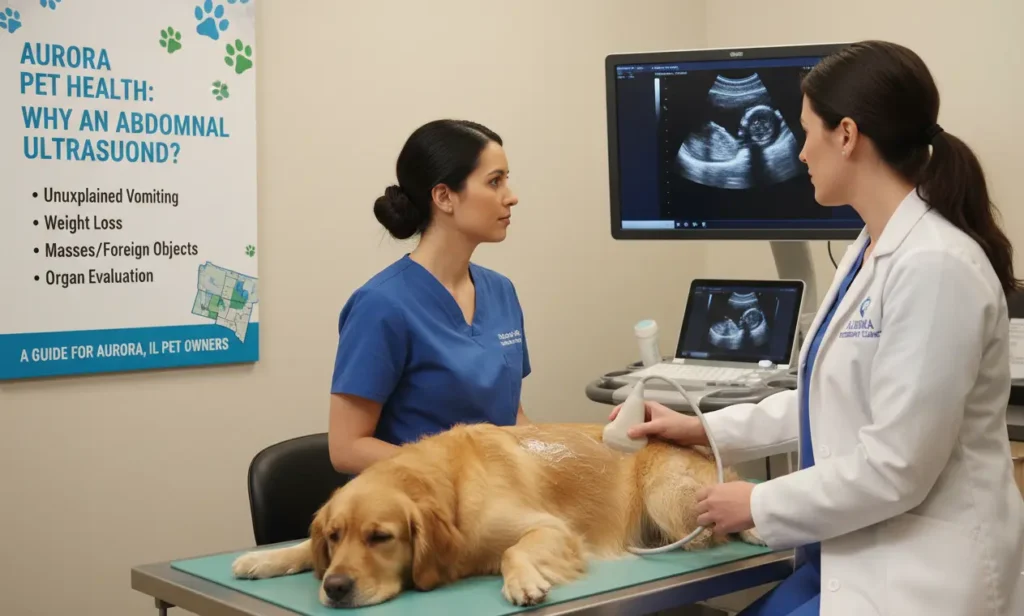 A veterinarian performing a dog abdominal ultrasound on a golden retriever