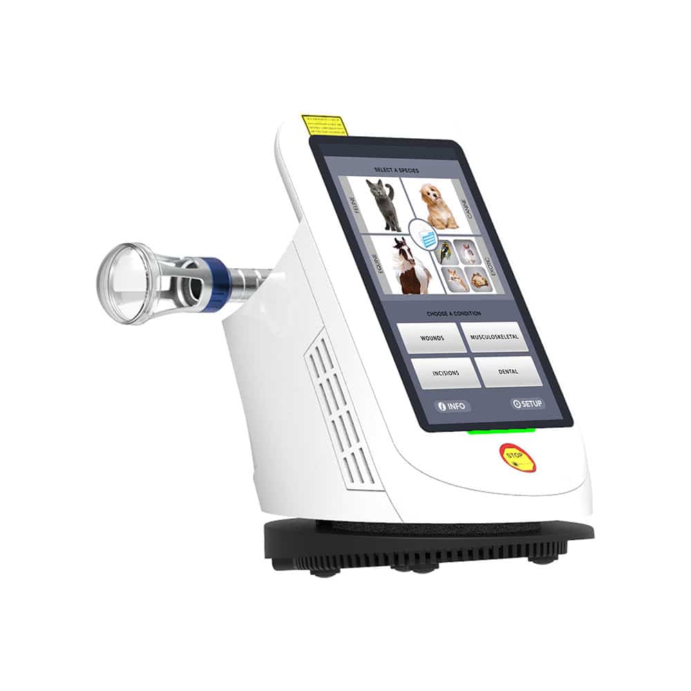 A specialized medical device with a touchscreen interface designed for veterinary laser therapy for pets