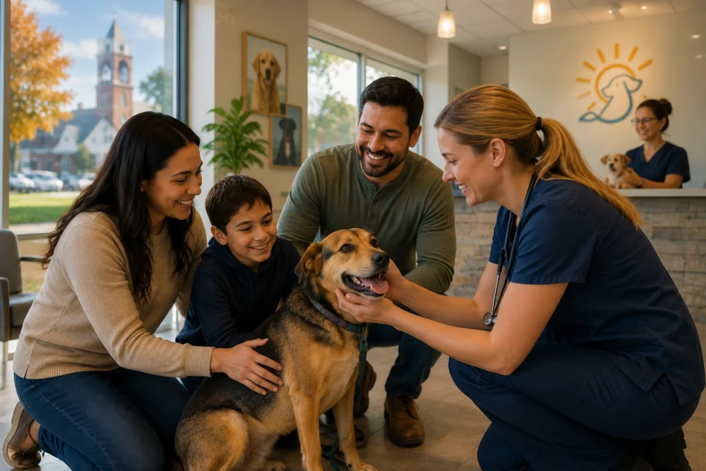 A happy family kneels alongside a veterinary to pet a dog during a dog adoption event in Aurora, IL.
