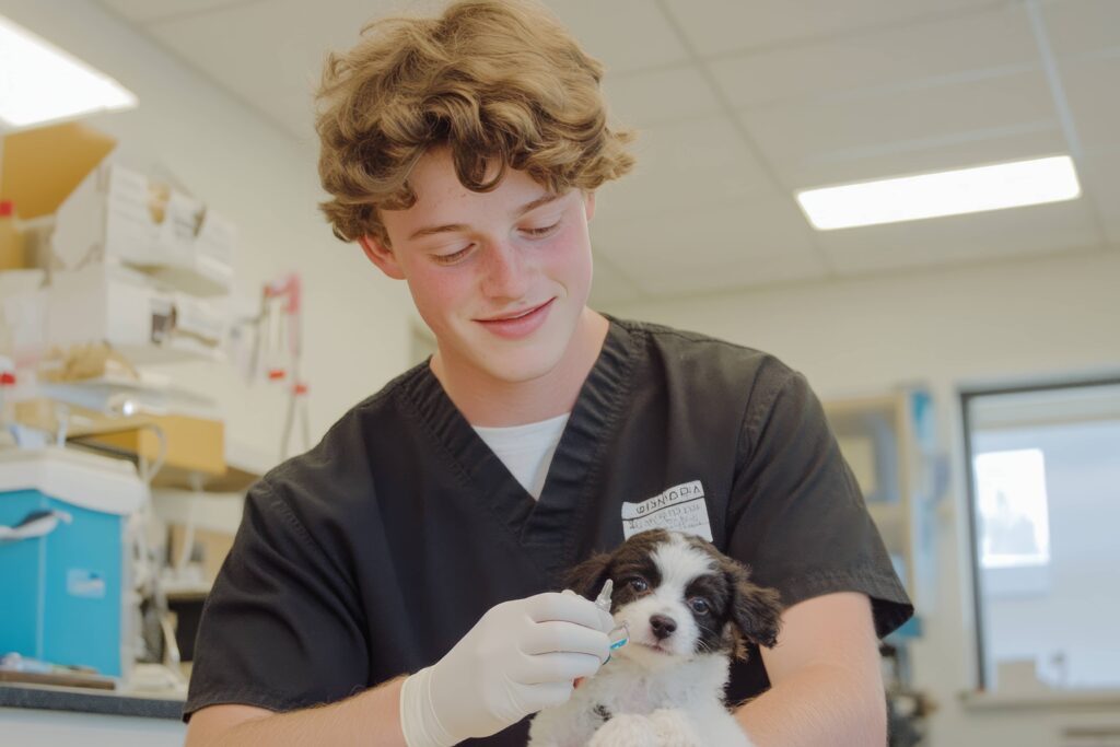 Veterinary professional administers a vaccine to a puppy, highlighting the importance of monitoring for potential dog vaccine reaction symptoms after vaccination.